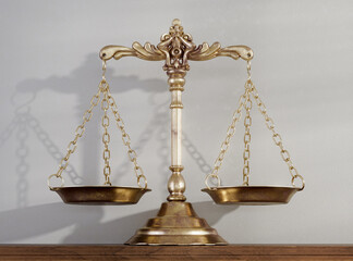 Justice Scale On Wooden  Shelf Surface