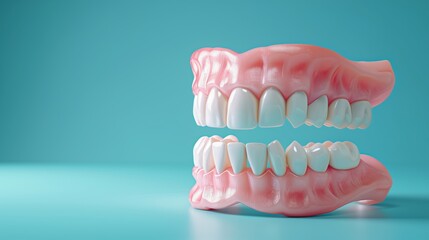 Dental model of teeth and jaw on a blue background with copy space for text, representing the concept of dental health. Dental tooth dentistry student learning.