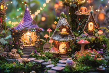 A fairy village with houses made of mushrooms and a mushroom house with a clock on the front