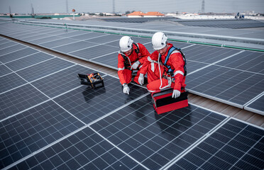 Engineers walking and holding box on factory roof inspection survey and check solar cell panel...