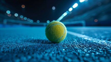 Tennis ball on the tennis court, blurred background of the stadium with lights. Banner for advertising and stock photo use. Concept of a sporty lifestyle.