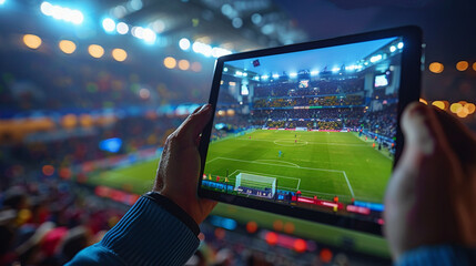 Bright lights illuminate a packed football stadium under the city's night sky
