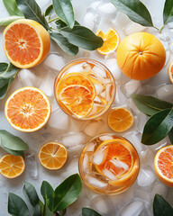 Table top view with cold orange juice and oranges