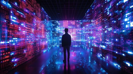 An advocate for digital privacy in a room that looks like a grid, lit by neon and under black light