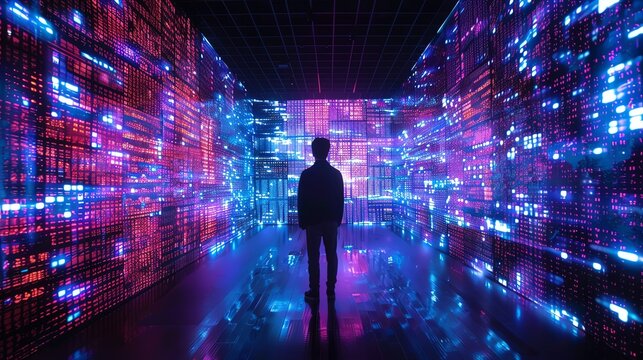 An advocate for digital privacy in a room that looks like a grid, lit by neon and under black light