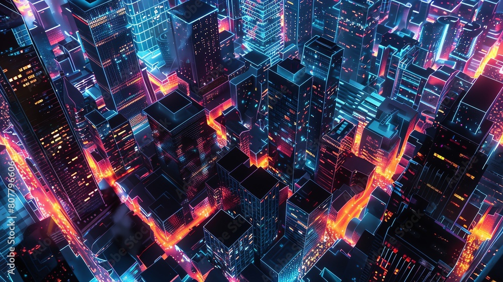 Aufkleber an aerial view of a digital metropolis at night, glowing with neon networks and black light, featuri