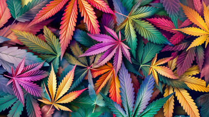 Purple green marijuana plant on black background. Colored neon large leaves and buds of cannabis hemp.