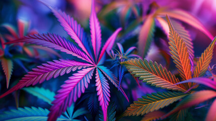 Cannabis leaves. Cannabis marijuana foliage with a purple pink tint on a black background