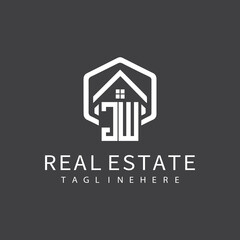 initial monogram logo for real estate with building shape creative design	
