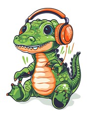 A cute stylized green crocodile with orange headphones on a white background enjoys music, symbolizing the fusion of nature and modern technology, music and relaxation