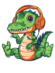 A cute stylized green crocodile with orange headphones on a white background enjoys music, symbolizing the fusion of nature and modern technology, music and relaxation