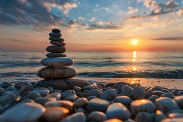 Rocks stacked on top of each other on a beach at sunset. Relaxing background 