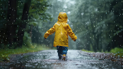 Boy in yellow raincoat, Child having fun on rainy