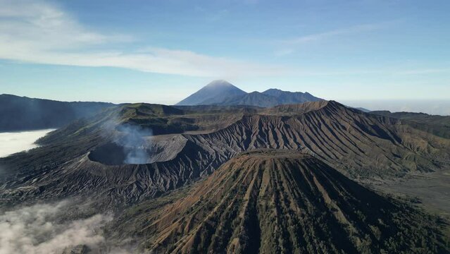 The stunning mount Bromo volcano in Java, Indonesia filmed with a drone.