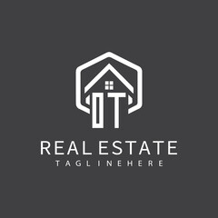 initial monogram logo for real estate with building shape creative design	
