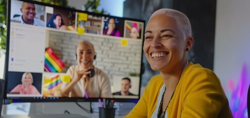 Smiling Woman on Video Call with Diverse Team.
