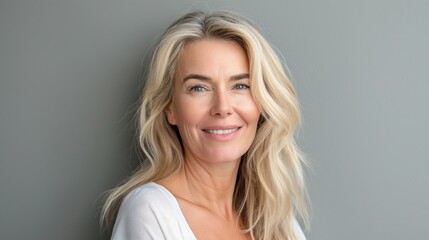 Fototapeta premium Georgeous blond middle-aged 40th 50th pretty woman with good skin care looking at camera smiling happily aging