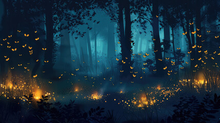 Fireflies flying in the dark, Glowing bugs in night forest