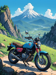 a motorcycle with a mountain in the background
