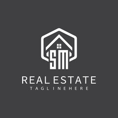 initial monogram logo for real estate with building shape creative design	
