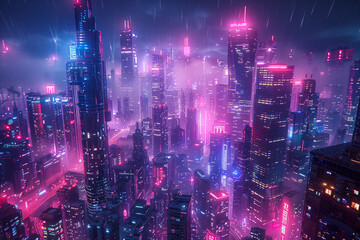 Obraz premium Cyberpunk Metropolis with Pink and Blue Neon lights. Night scene with Advanced Architecture, 3D illustration
