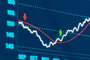 Stock market rally, chart moving up. Red and green arrows, up and down. Business, investment, trading, financial market, partly blurred. 3D illustration