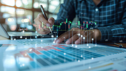 investor examines financial stability through ascending graphs symbolizing diversification and investment analysis