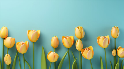Flowers composition Yellow tulip flowers on soft blue background Spring summer concept

