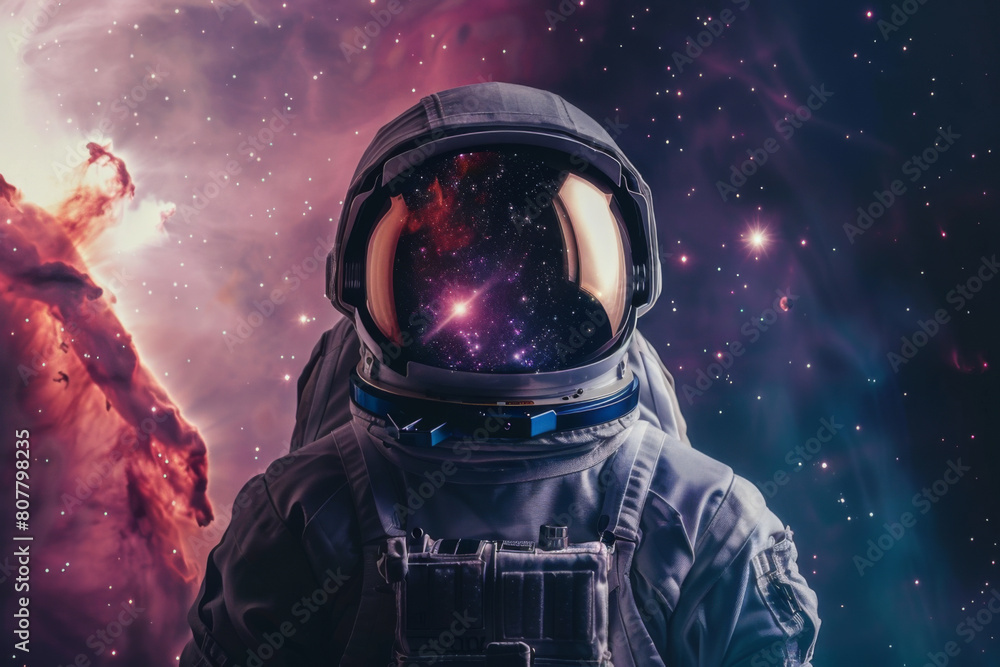 Canvas Prints front view astronaut potrait. astronaut in space suit with galaxy and nebula reflection in helmet gl
