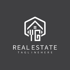 initial monogram logo for real estate with building shape creative design	
