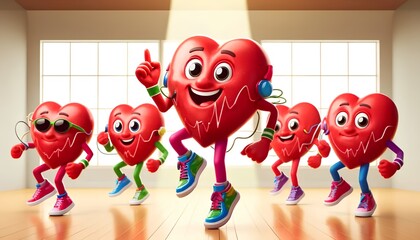 Importance of regular exercise and a balanced diet for maintaining cardiovascular health, featuring individuals engaged in various sports and fitness activities, with a focus on heart wellness.