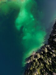 Top Down Aerial Droneshot of Blindsee Lake in Germany Austria Tirol Turquoise Green Water