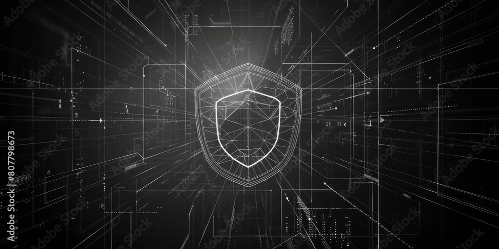 Poster wireframe of cybersecurity shield data protection and privacy. concept cybersecurity, data protectio