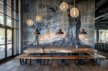 A large dining table made of rough wood with metal legs, surrounded by wooden benches and pendant lights hanging from the ceiling - Powered by Adobe
