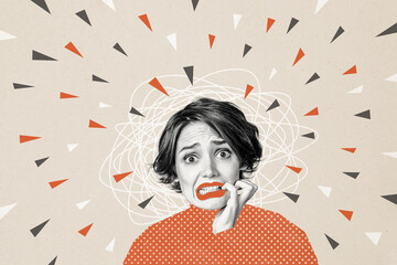 Composite photo collage of panic scared girl bite fingers stereotype depression thoughts stress...