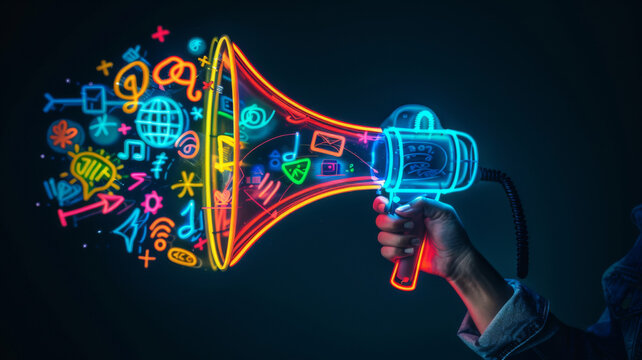 Vibrant neon megaphone with various marketing buzzwords, social media Concept Marketing Trends