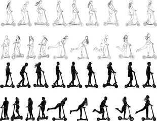 people riding scooters set silhouette, sketch collection on white background vector