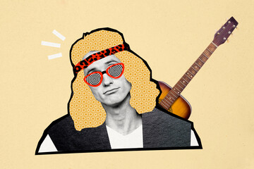 Composite photo collage of upset man wear stylish cloth blonde wig rocker acoustic guitar...