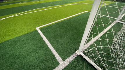 Penalty area line in front of the football goal In a small artificial grass football field