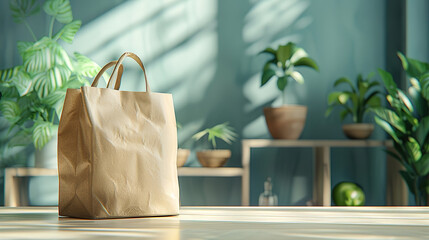 paper bag with groceries, empty background, with copy space