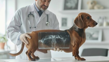 A small, cute dog at the veterinarian's office, the veterinarian holding an X-ray film in hand