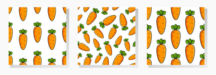 Cartoon carrot vector seamless patterns collection. Stylized orange vegetable with green leaves and black outline on white background.