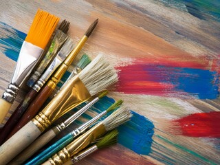 Fototapeta premium Generated image, Colorful paintbrushes, mixed media collage style, vivid colors, vintage, poster art, wet on water background, surreal, pop culture in the style of various artists.