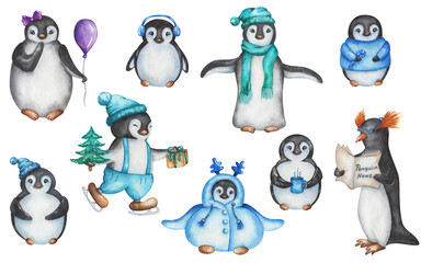 Watercolor set of illustrations. Hand painted cartoon penguin family. Penguin characters boys and girls with clothes, gift, fur tree. Marine birds. Winter. Isolated clip art for Christmas cards