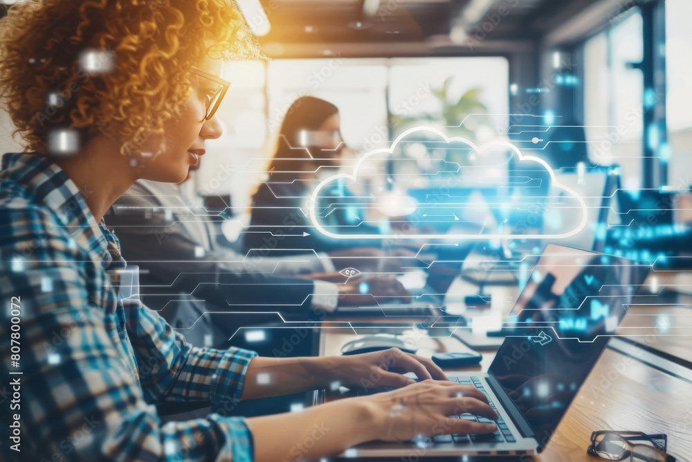 Poster corporate cloud hosting teamwork and synchronized work, leveraging modern technology and cloud synch