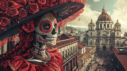 Abstract Art of a woman wearing beautiful Day of the Dead costumes and skull makeup