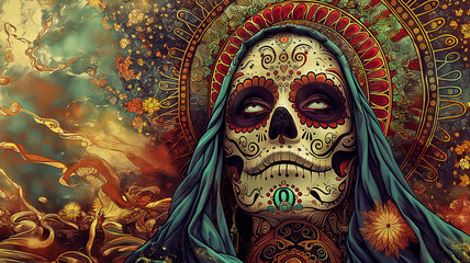 Mexican holiday of the dead and halloween. sugar skull make up 