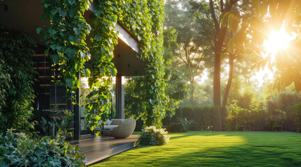 Modern villa with a green garden and terrace, sun rays shining through the leaves of ivy on the...