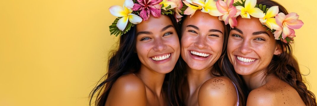 three girls in wreaths on a yellow background