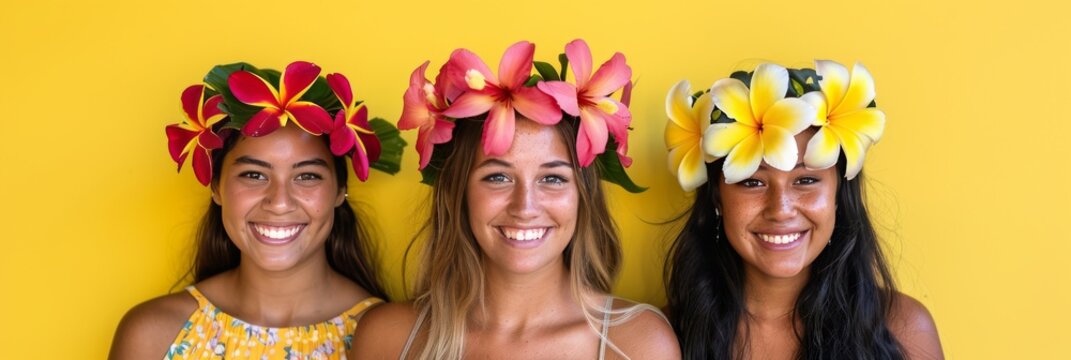 three girls in wreaths on a yellow background